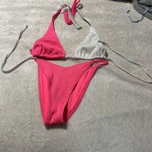 Pink and White Ribbed Bikini Set